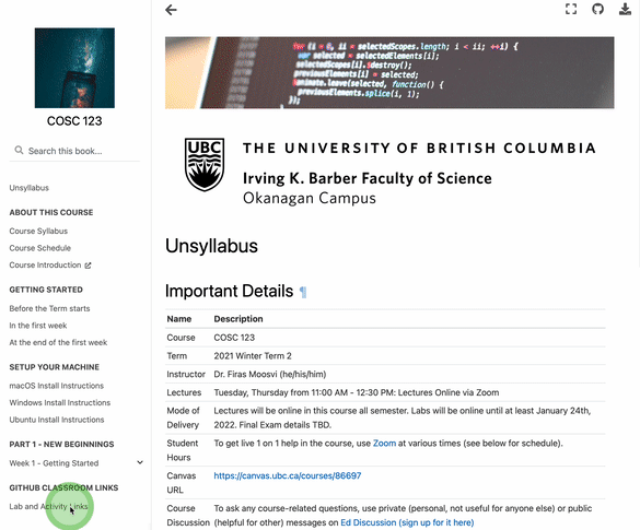 Animated gif showing you where to find your lab links on Canvas, "Course Content ▶ GitHub Classroom Links"