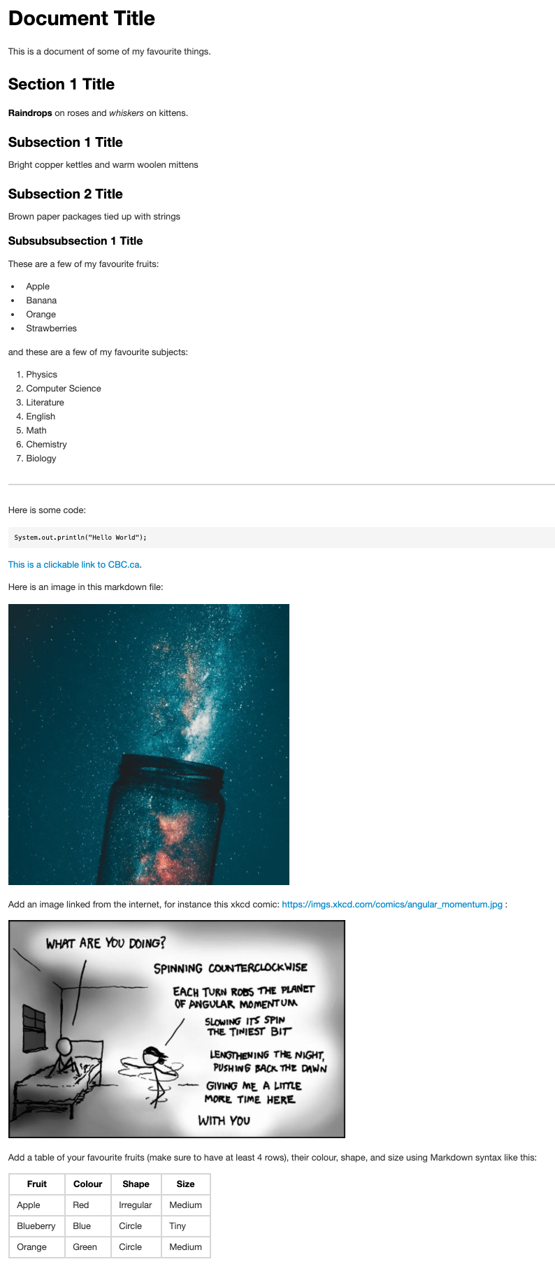 Details of all the required markdown elements you need to practice.