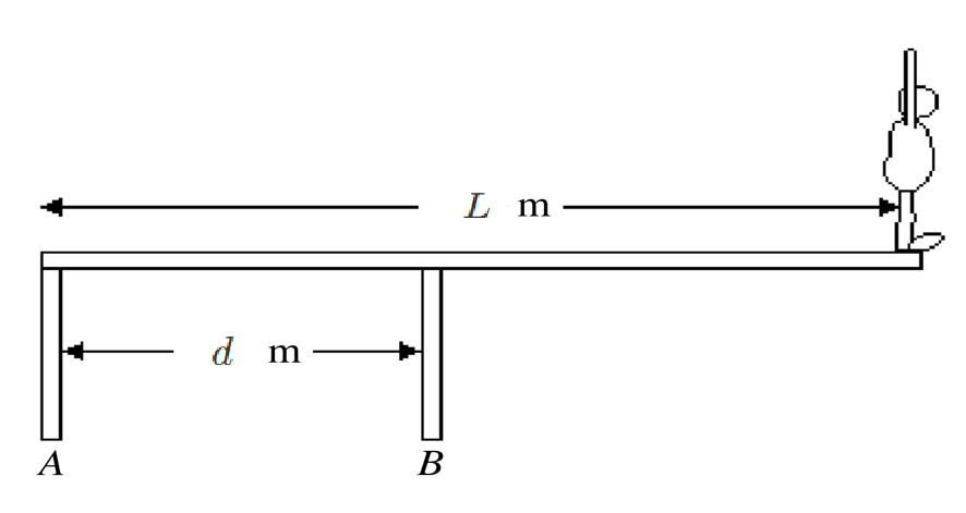 A diver stands at the right edge of a diving board of length L metres supported by two pillars A and B which are d metres apart. Pillar A touches the left end of the board.
