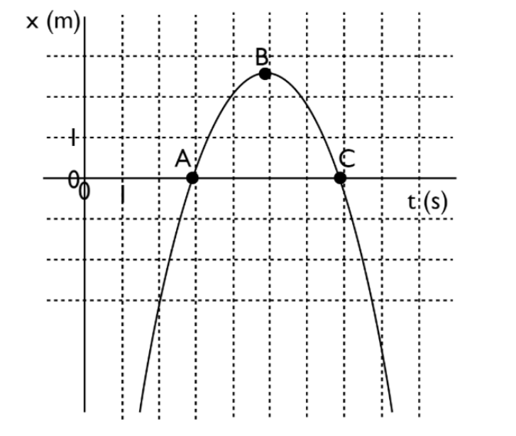 This is a position vs. time graph. The y-axis is labelled 'x (m)' and the x-axis is labelled 't (s)'. Each grid is 1m and 1s. There is an upside down parabola, with its roots at t = 3s (labelled point A) and 7s (labelled point C). Its vertex is approximately at 2.5m and 5s (labelled point B). The rest of the parabola extends downwards to infinity.